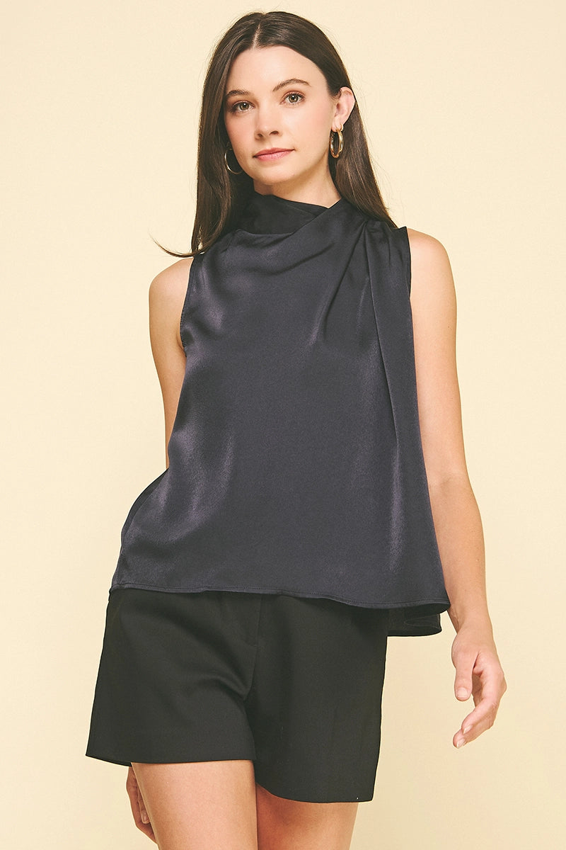 Navy twisted detail silk top
