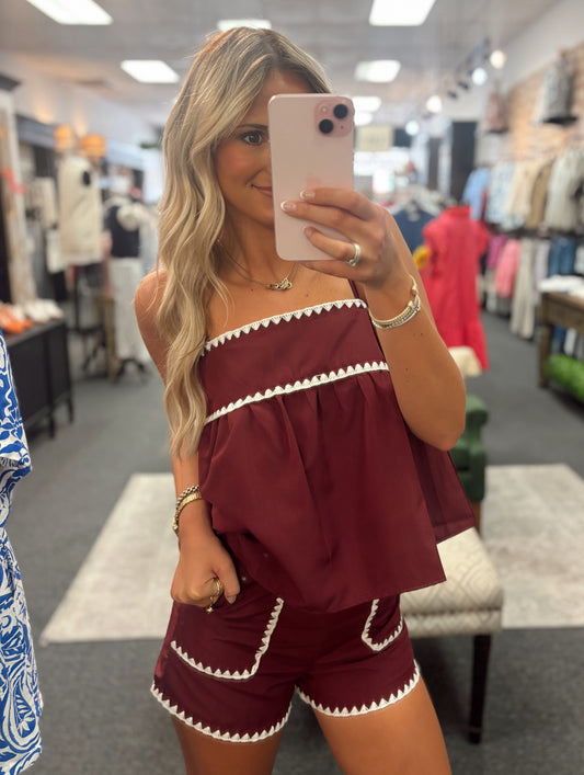 Maroon with White Trim Short Set