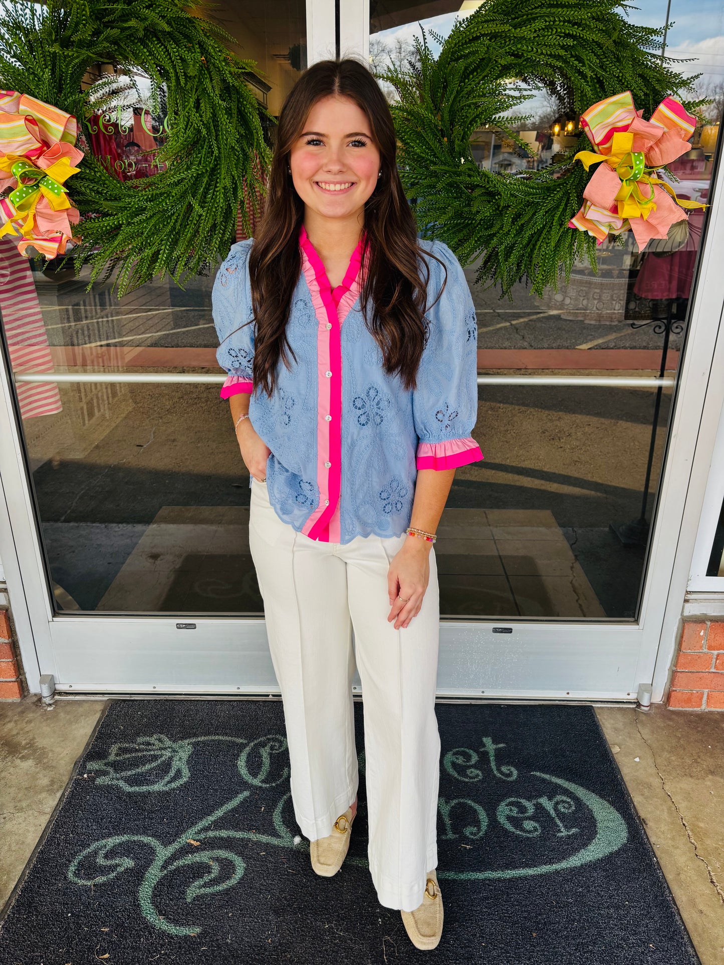 Pink & Blue 3/4 sleeves button down eyelet top