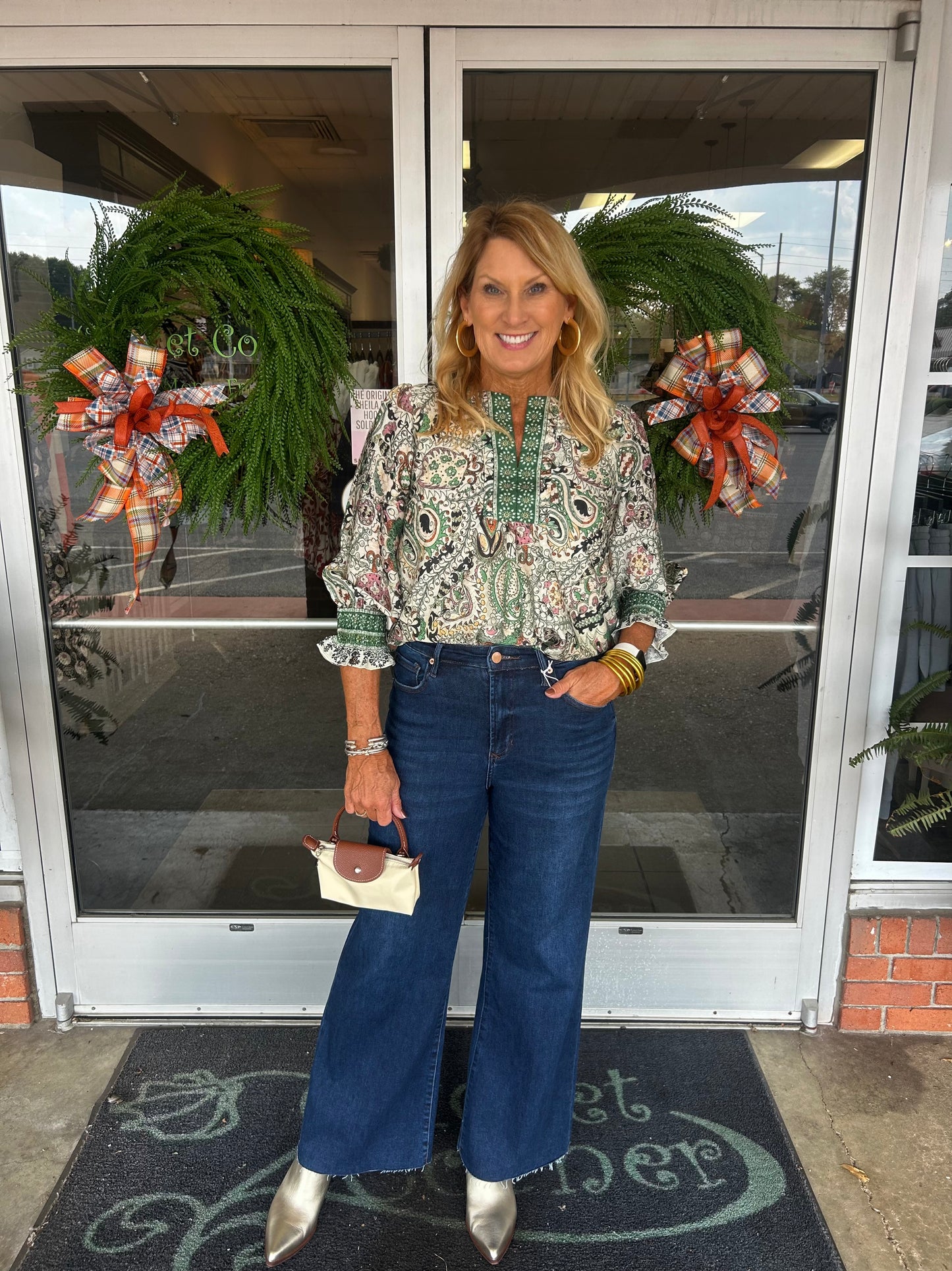 Green Multi Pinwheel Border Placket Top