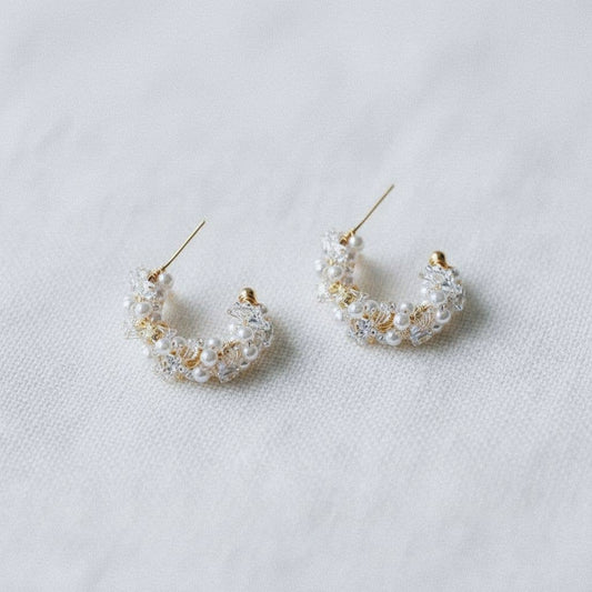 Vintage Inspired Crystal Pearl C-Shape Hoop Earrings