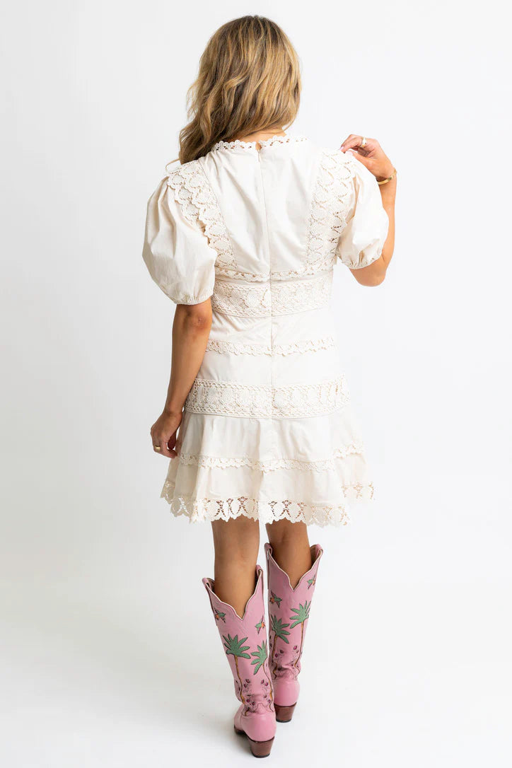 Cream Crochet Trim Vneck Puff Sleeve Dress