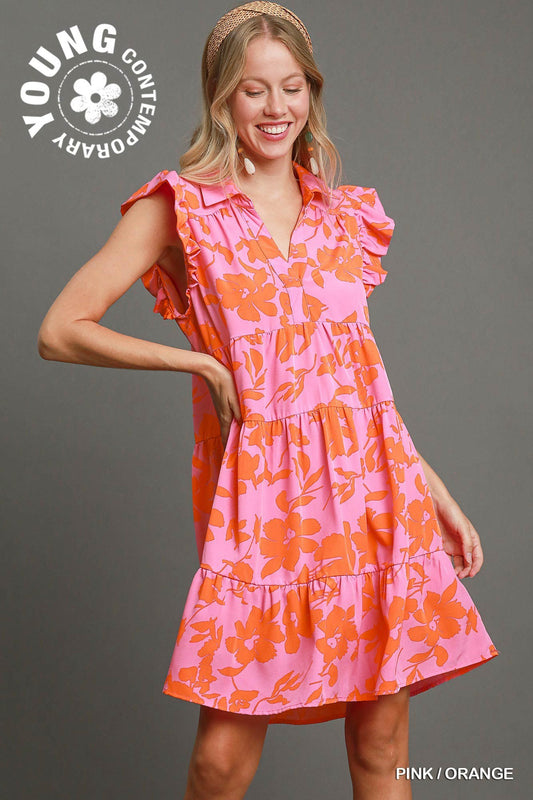 Pink/Orange Floral Flutter Sleeve Tier Dress