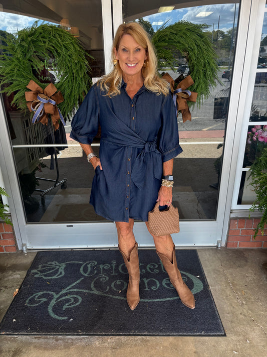 Solid ¾ sleeve denim mini dress