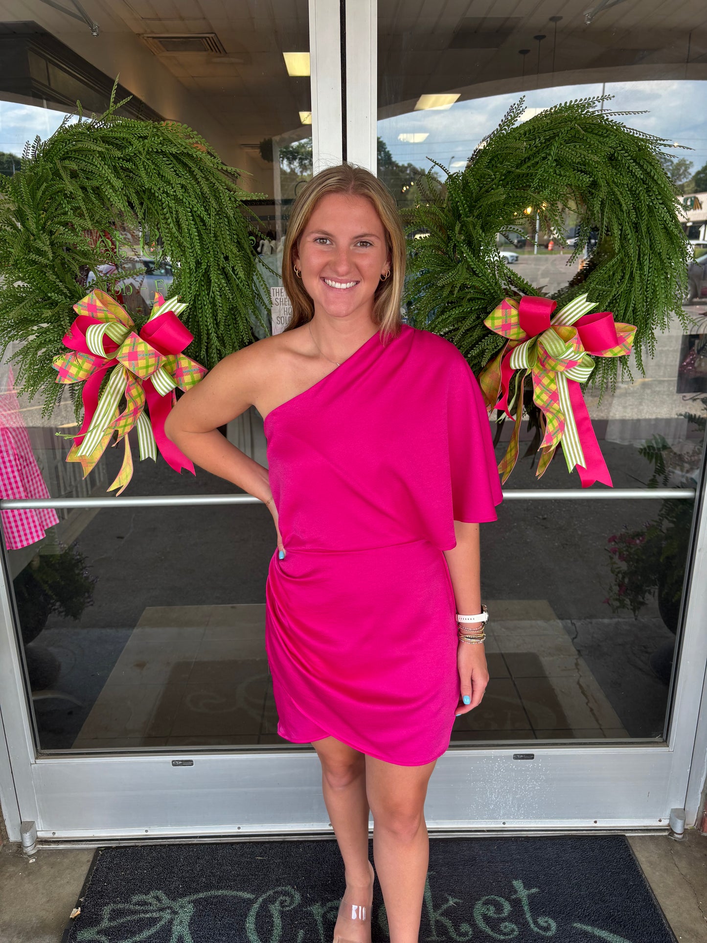 Hot Pink Satin One Shoulder mini dress