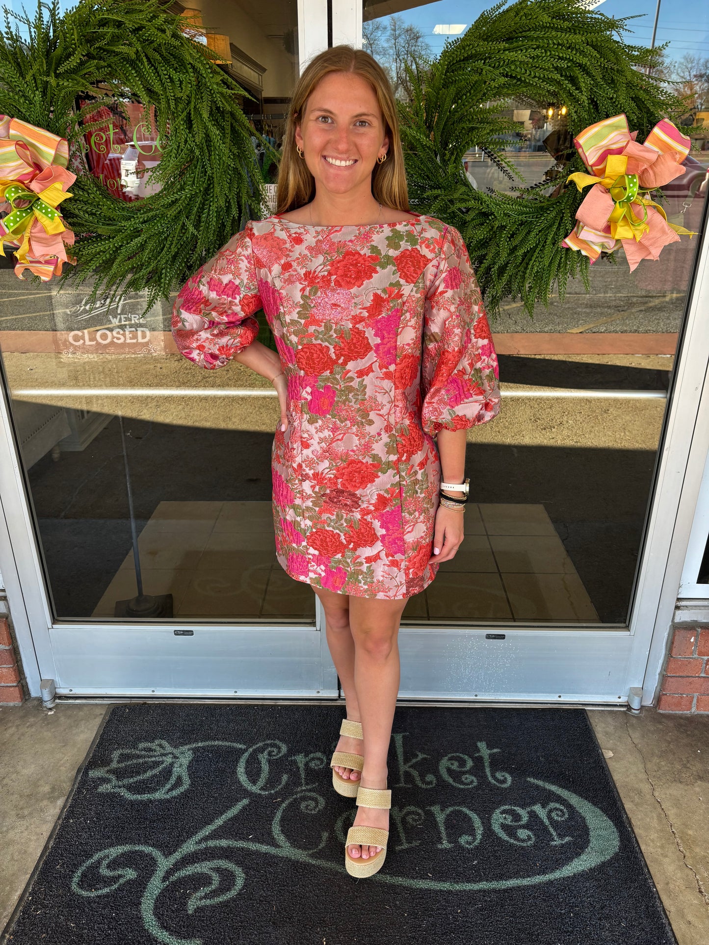 Luxe Metallic Floral Jacquard 3/4 Puff mini dress