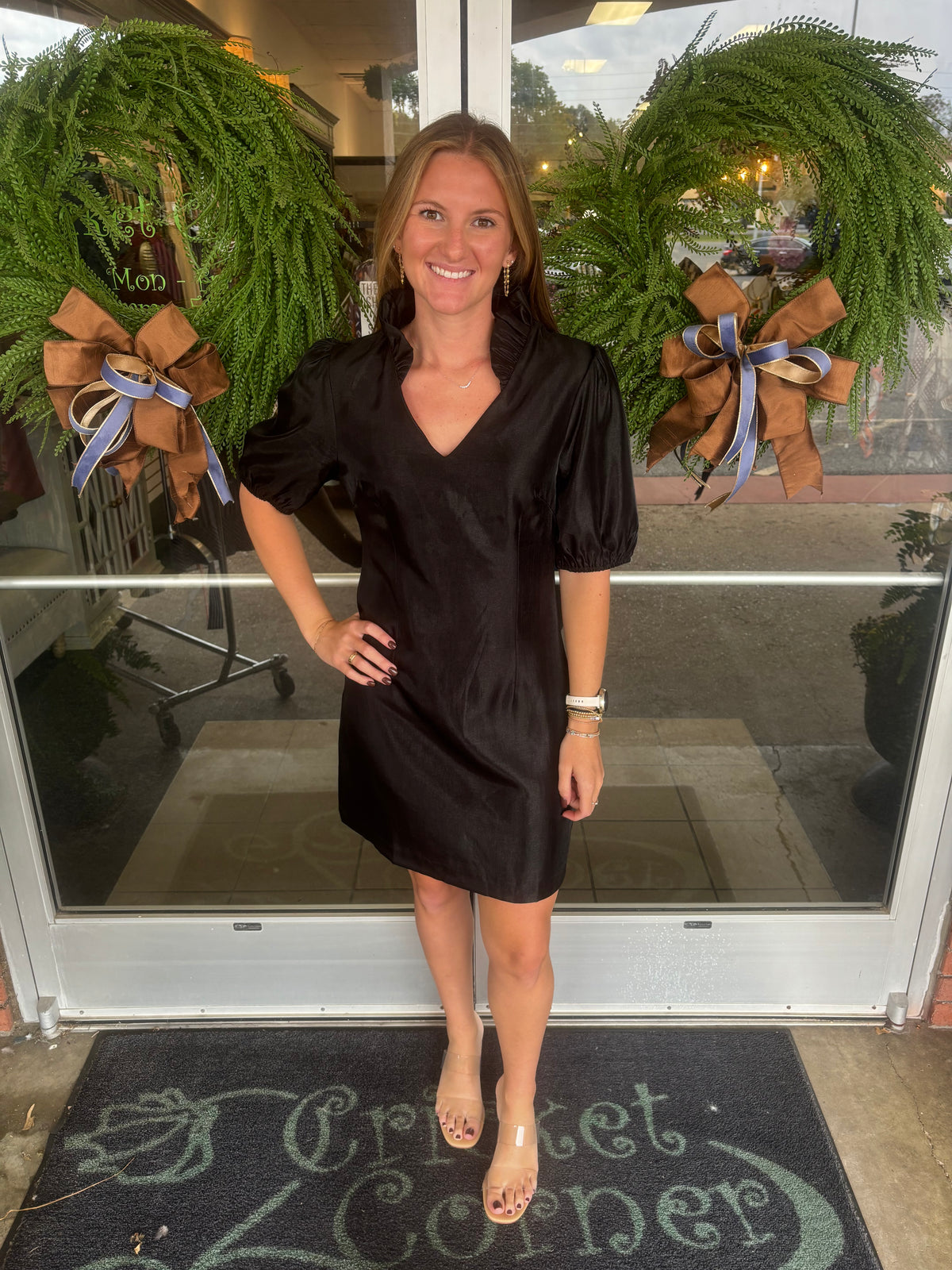 Black Ruffle Neck Puff Sleeve Mini Dress