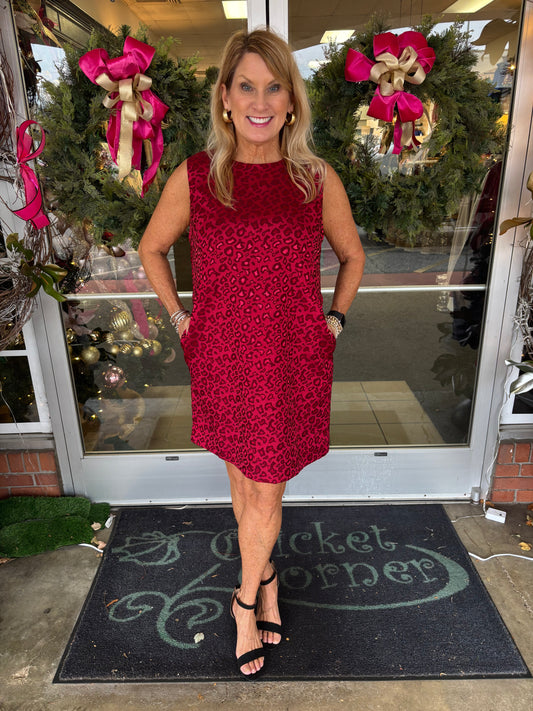 Red Cheetah Brocade Shift Dress