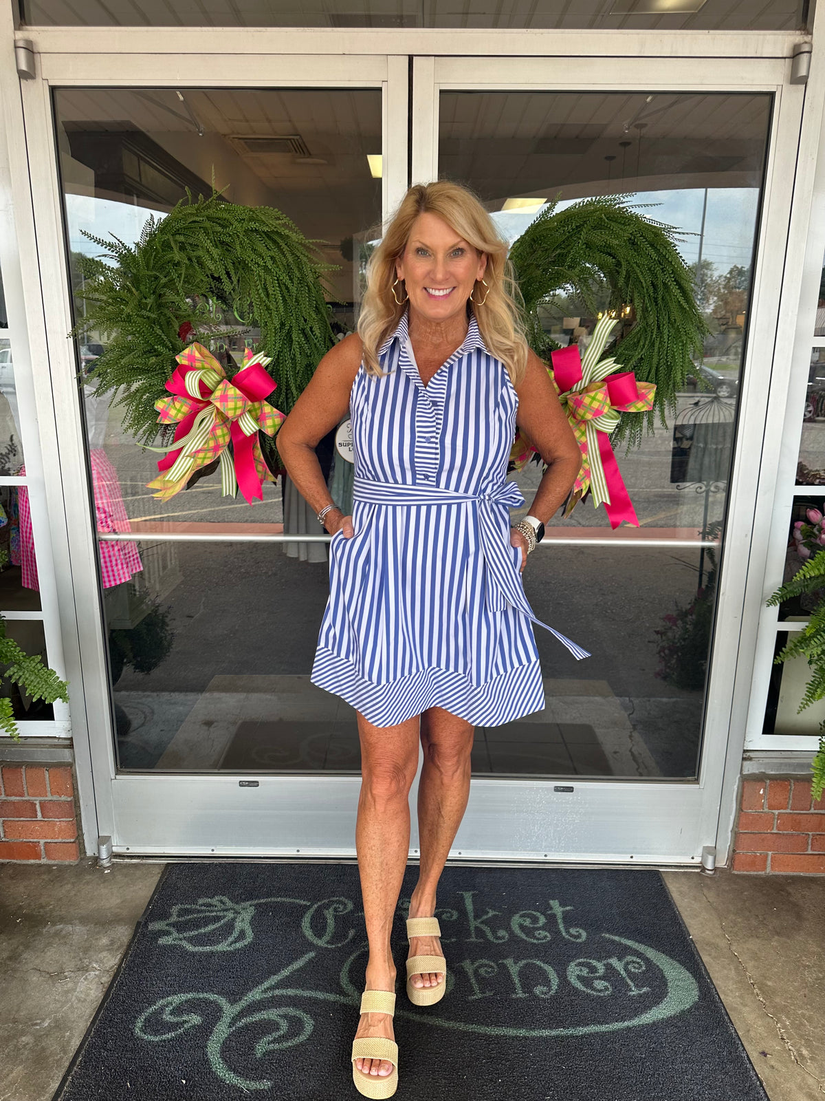Blue Stripe Sleeveless Button Dress