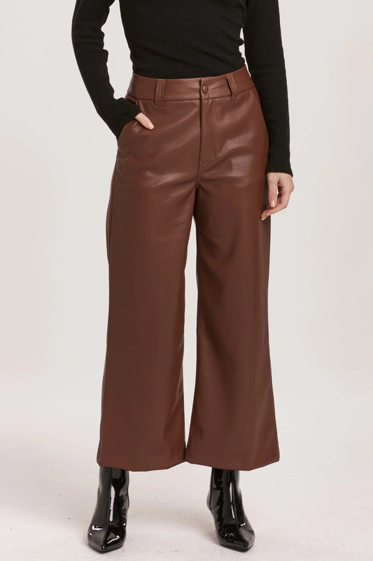 Audrey-Brown Pleather Crop High Rise Wide Leg Pant