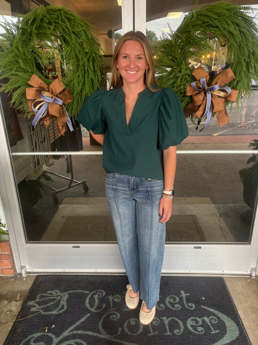 Hunter Green Puff Sleeve Top With V-Neck in Textured Fabric