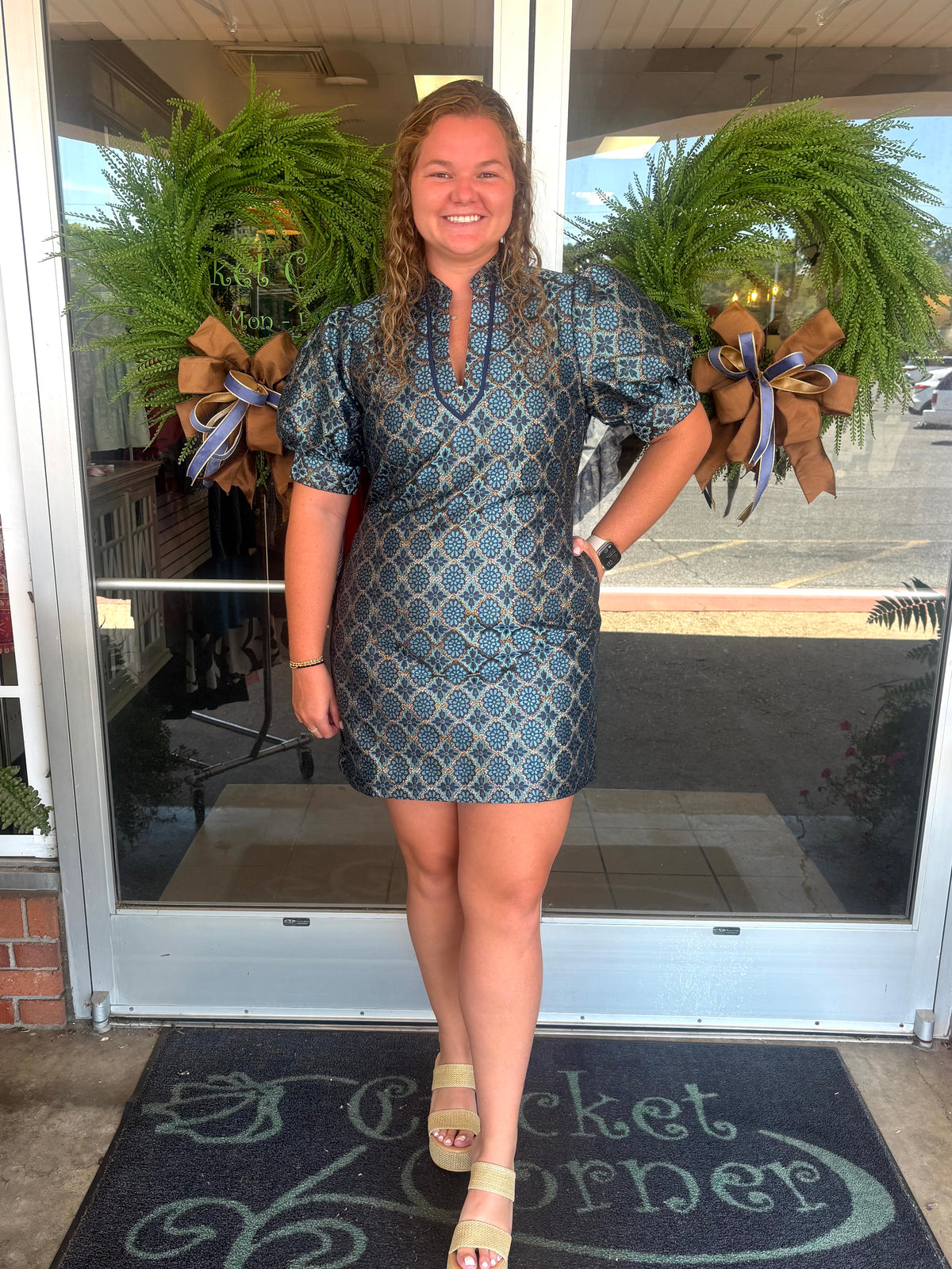 Gilded Trellis Collar Trim Vneck Dress