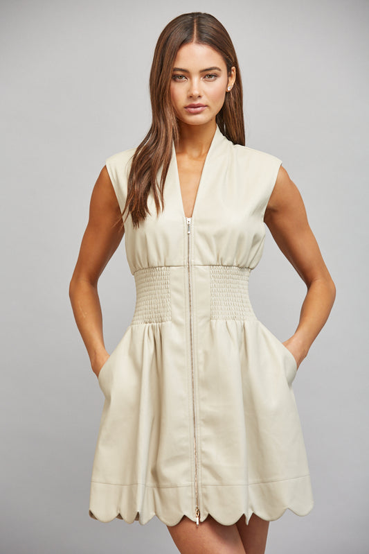 FAUX LEATHER SMOCKED WAIST SLVL ZIP FRONT DRESS