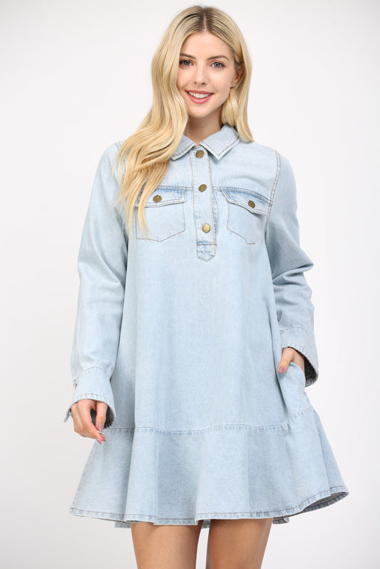 Flounce Hem Long Sleeve Light Denim Dress