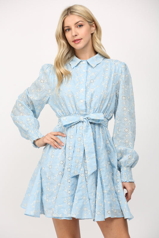 Blue Eyelet Smock Waist Dress