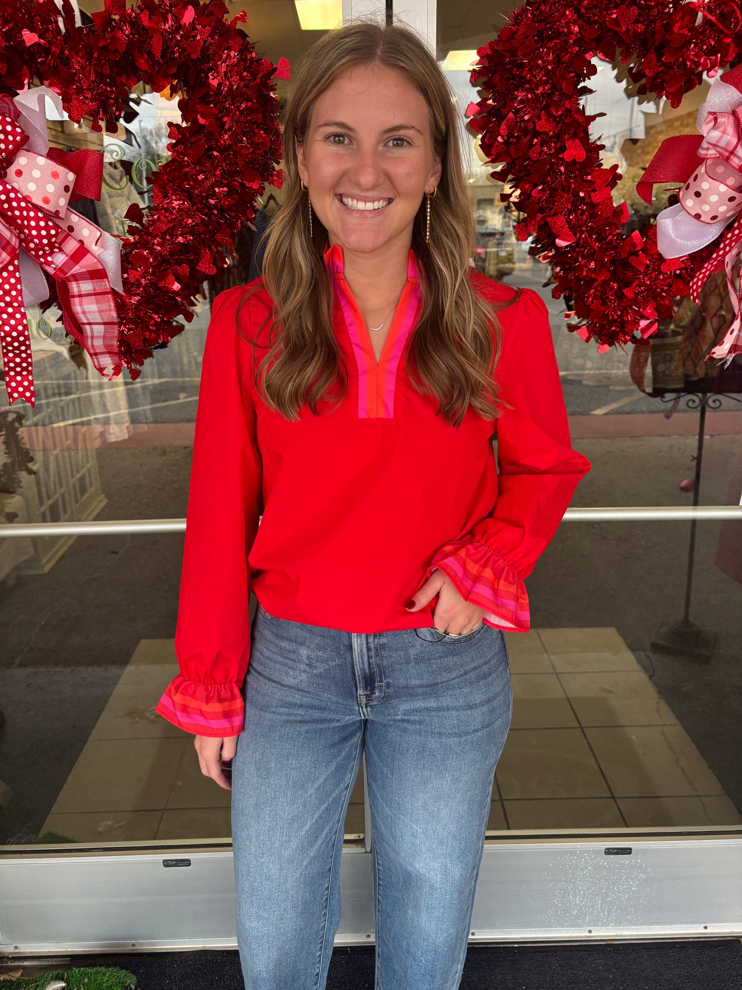 Red Striped trim ruffle top