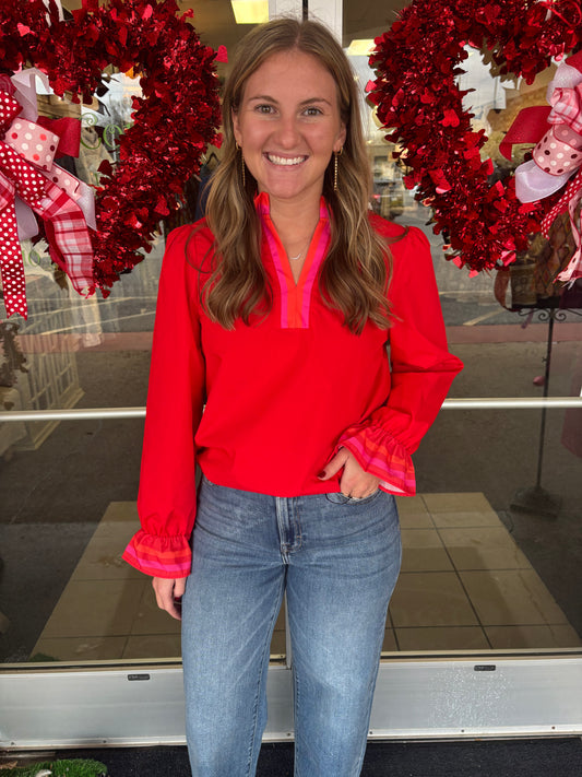 Red Striped trim ruffle top