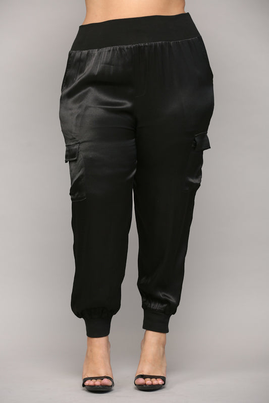 Black Satin Cargo Jogger