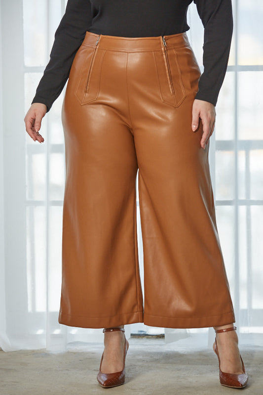 Front Zip Faux Leather Wide Leg Pant