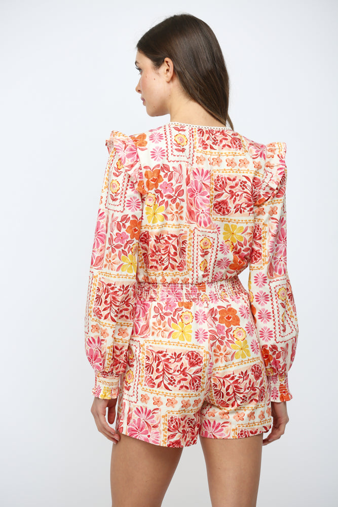 Floral Patchwork Print cotton v-neck romper