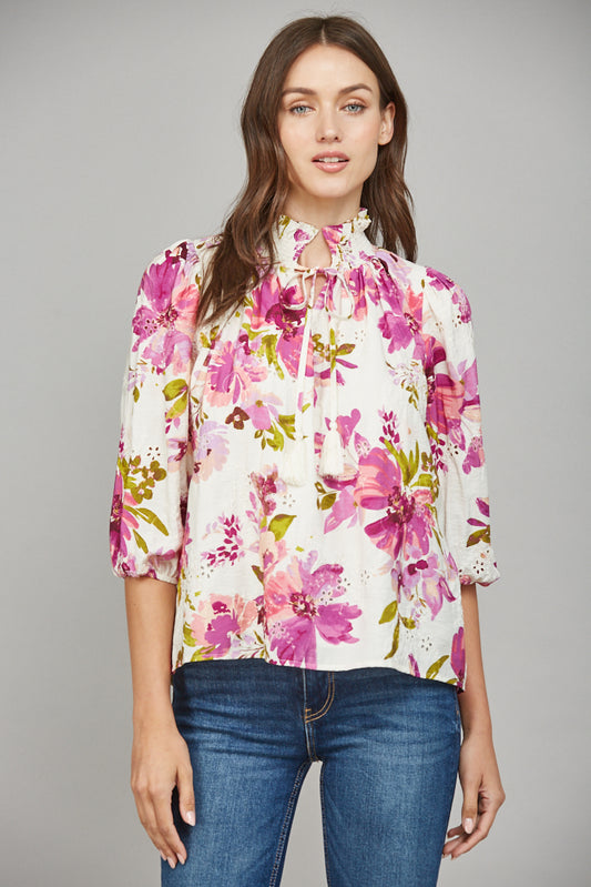 Fuchsia Floral 3/4 Sleeve Eyelet Blouse