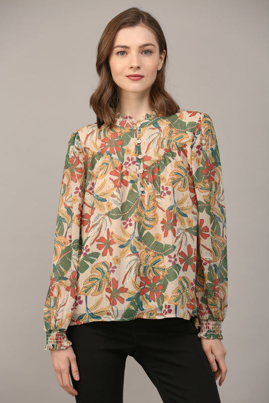 Long Slv Grn/Org Floral Lurex Dot Chiffon Top