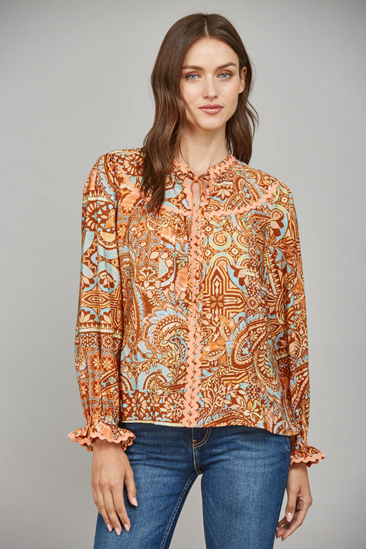Rust Multi Print Trim Detail L/S Blouse