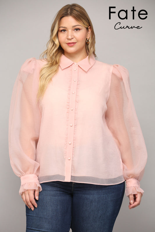 Pnk Sheerslv Ruffle Button Blouse
