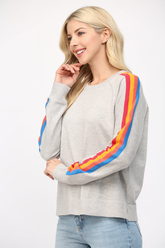 Multi Striped Sleeve Grey Sweater