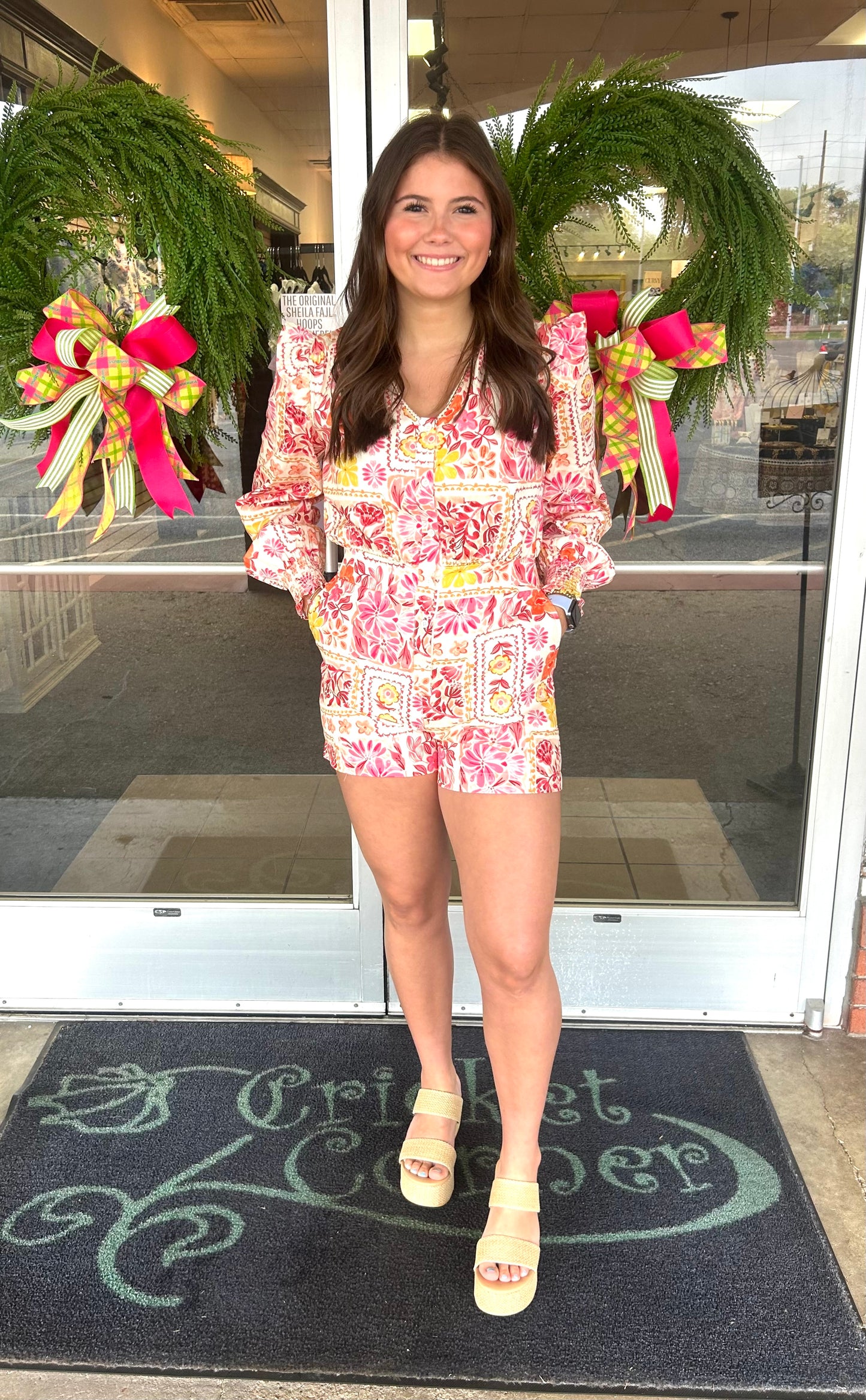 Floral Patchwork Print cotton v-neck romper