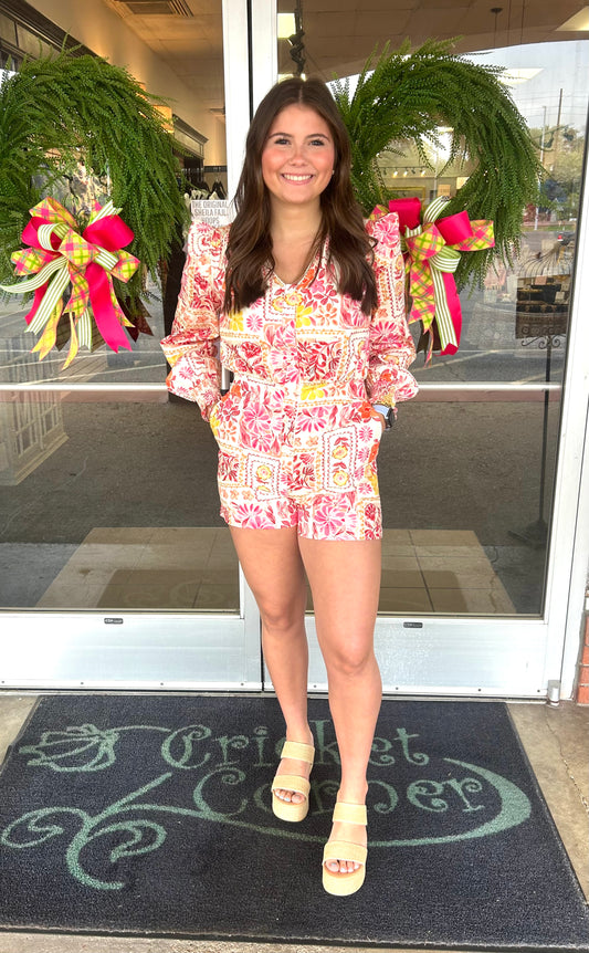 Floral Patchwork Print cotton v-neck romper