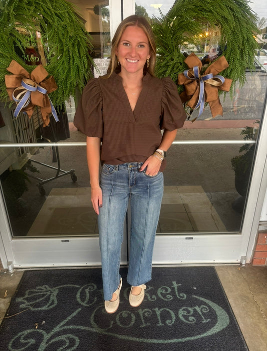 Brown Puff Sleeve Top With V-Neck in Textured Fabric