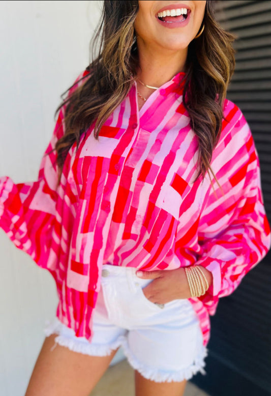 Pink Abstract Print Batwing Casual Shirt