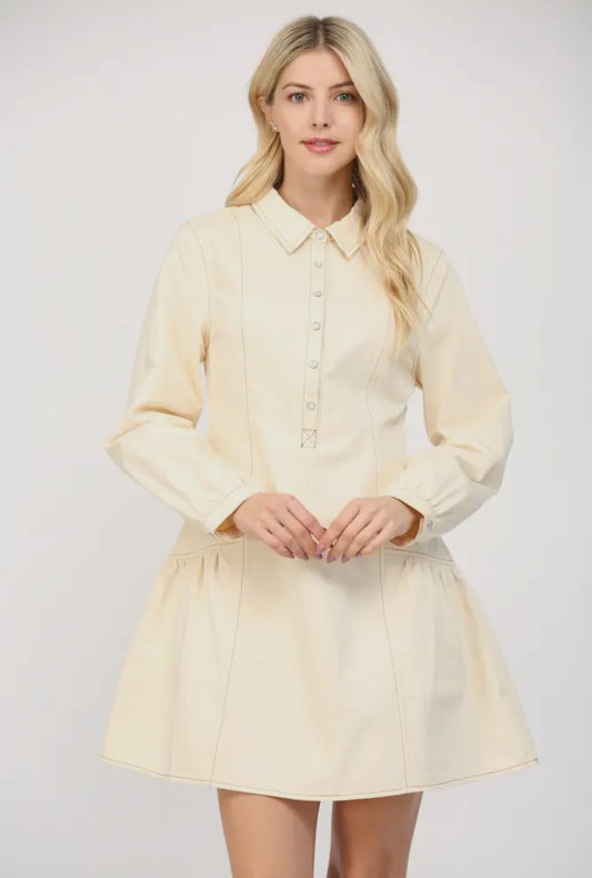 Ivory Long Sleeve Denim Dress