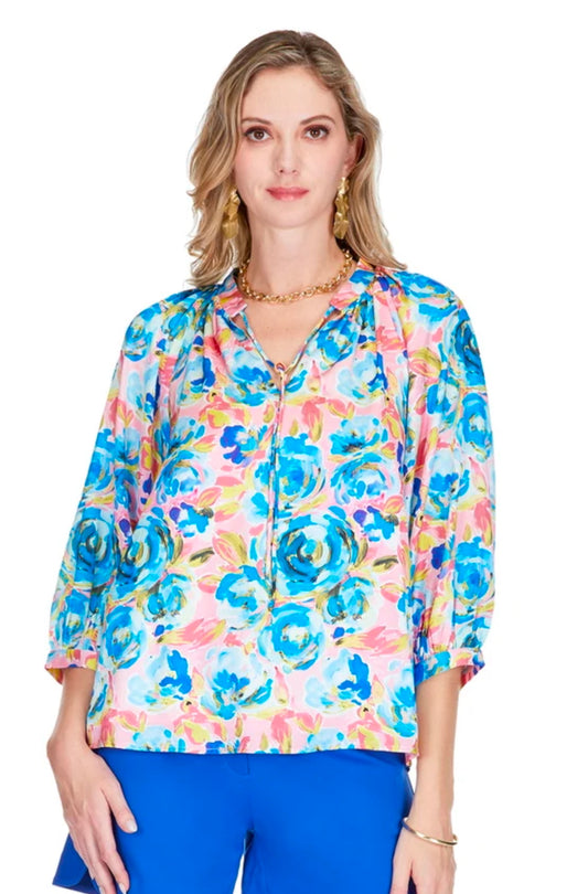Pink&Blue Floral Satin Top