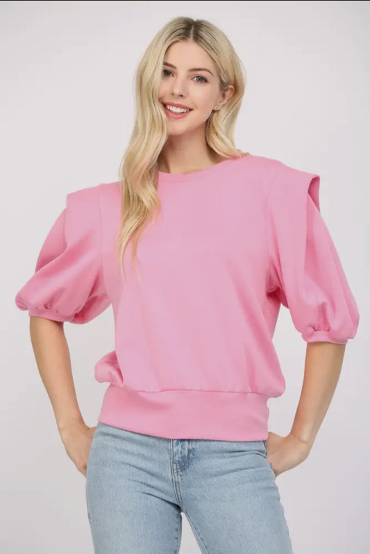 Pink Short Puff Sleeve Sweatshirt
