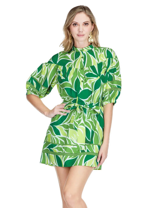 Green & White Leaf Print Belted Dress
