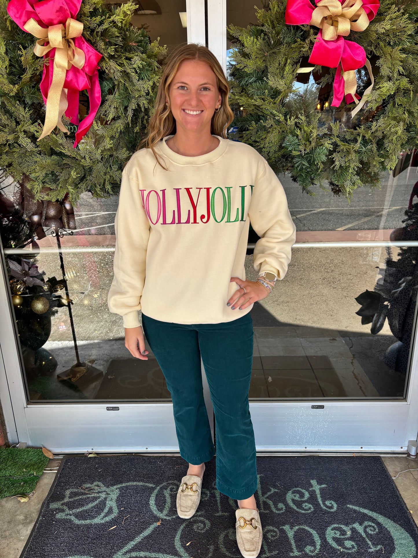 "Holly Jolly" embroidery letter sweatshirt