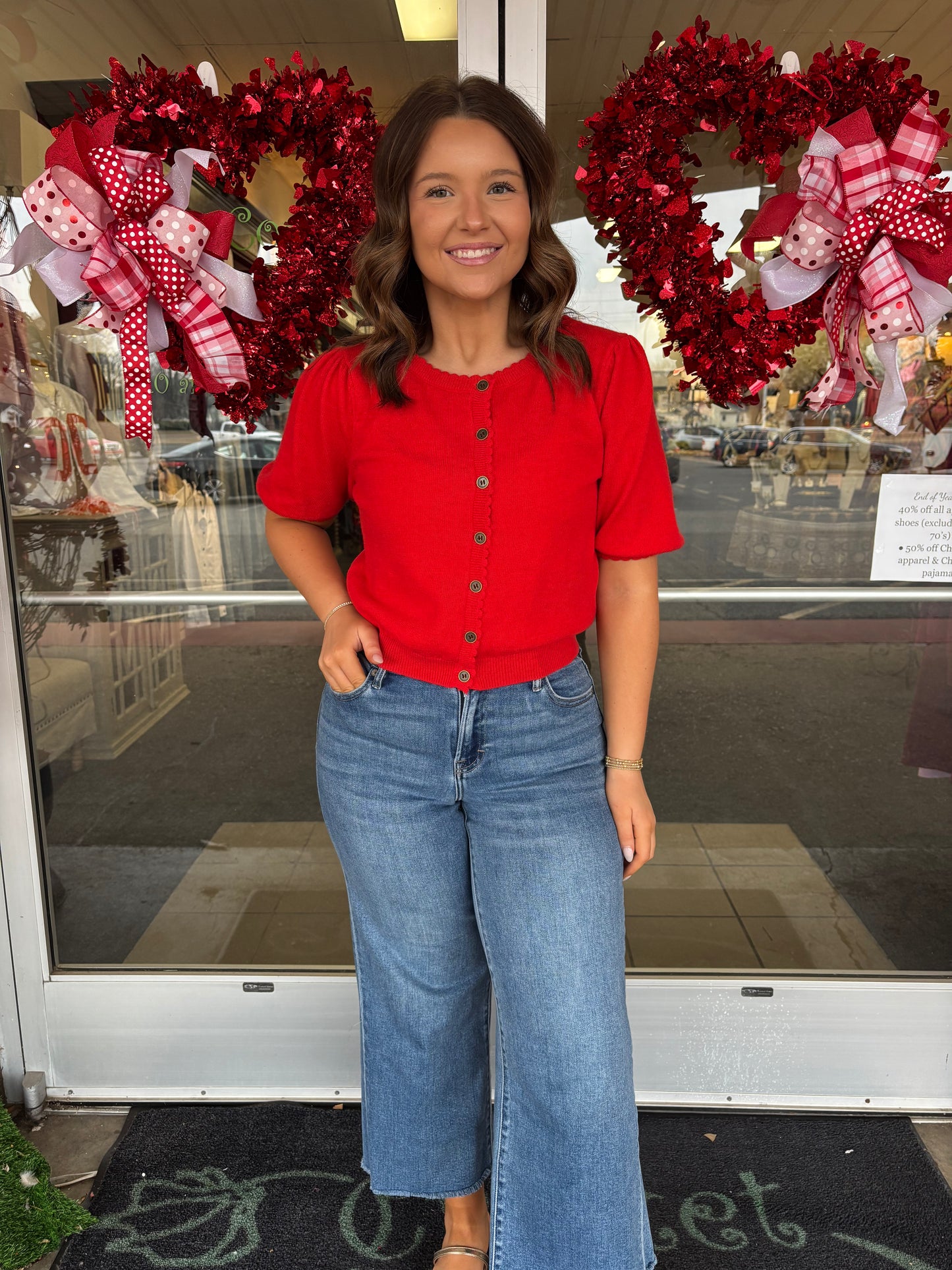 Red Puff Sleeve Cropped Button Cardi