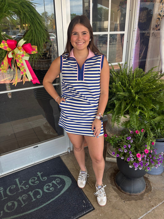Blue Striped sleeveless polo set