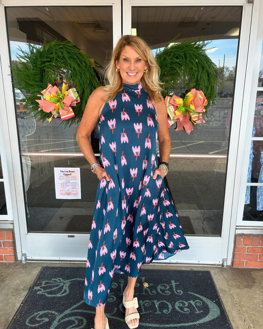 Poppy satin halter maxi dress