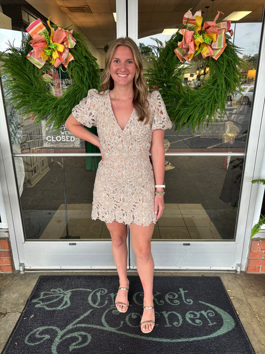 Karina Beige Floral Lace Dress