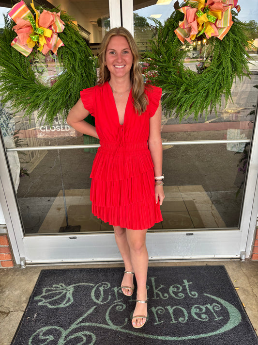 Alice Red Tiered Pleats Dress