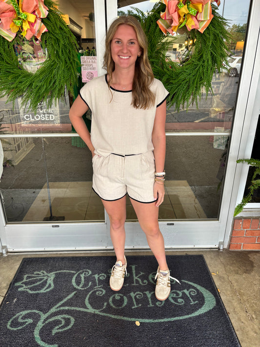 Ivory Linen Black Trim Shorts