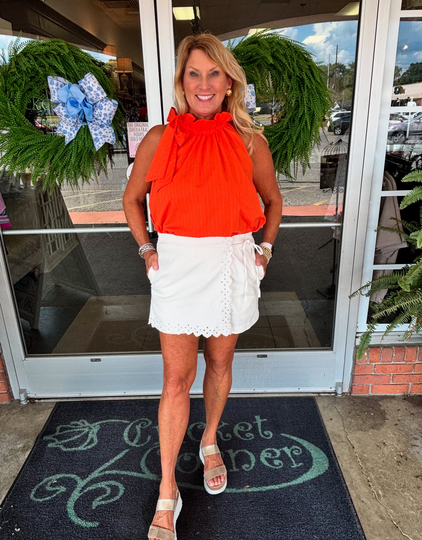 Bridget Orange Pinstripe Tie Neck Sleeveless Top
