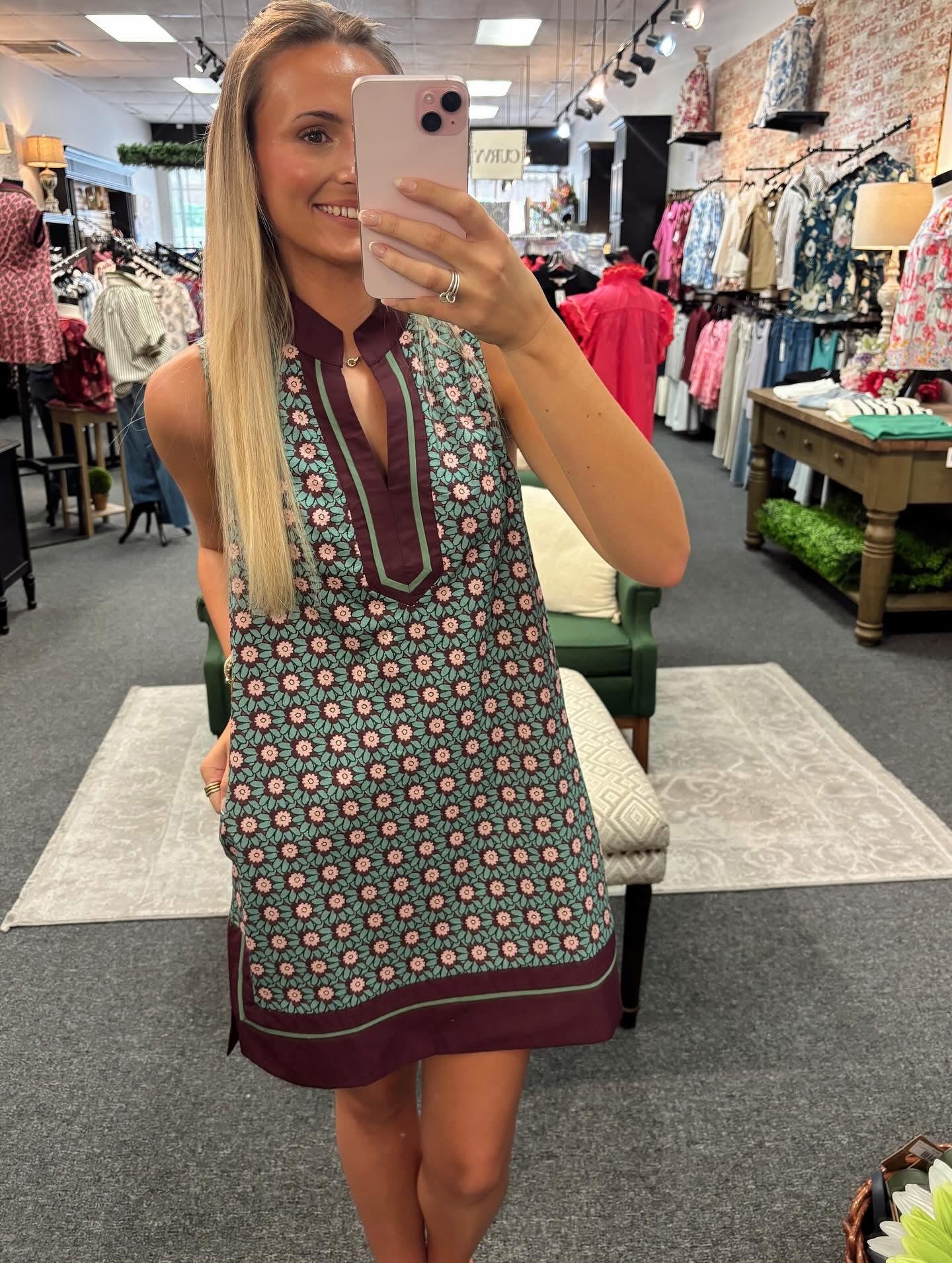 Wine & Green Floral Construction Trim Sleeveless Dress