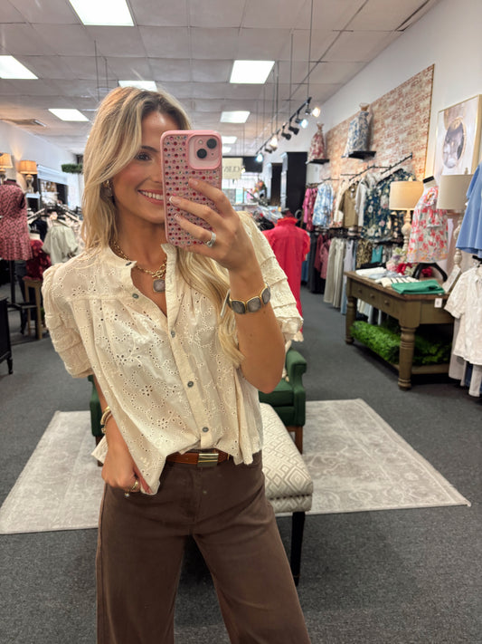 Cream Short Sleeve Eyelet Button Top
