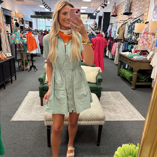 Solid Pocket Cinch Waist Dress