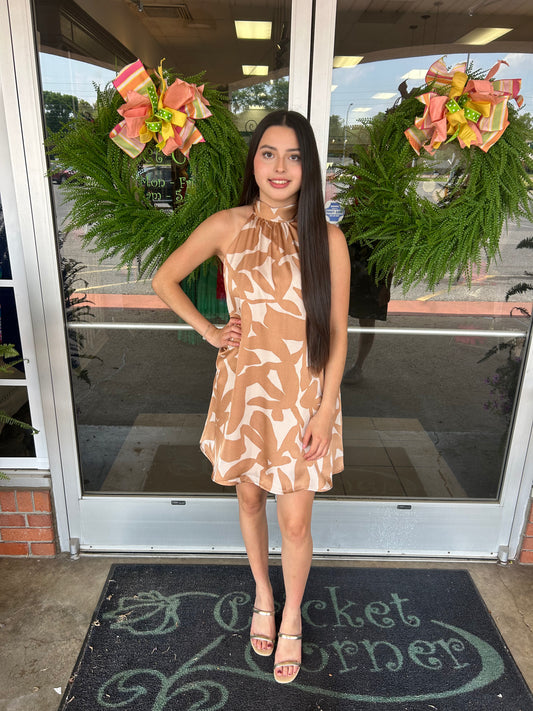 Tan satin printed halter dress