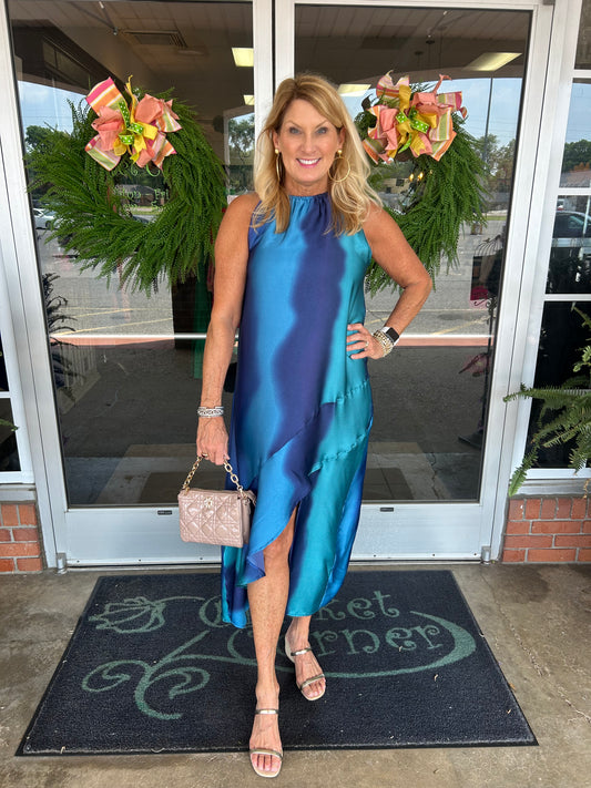 Satin Ombre elastic high long neck dress